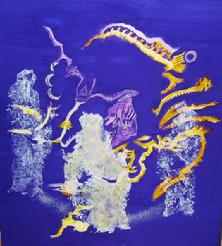 'Thar Be Dragons' by Isabella Wesoly, ink and acyrlic on board one of three submissions to OPEN Ealing's first Friday event in March 2012. Isabella's work includes re-cycling domestic and building waste materials