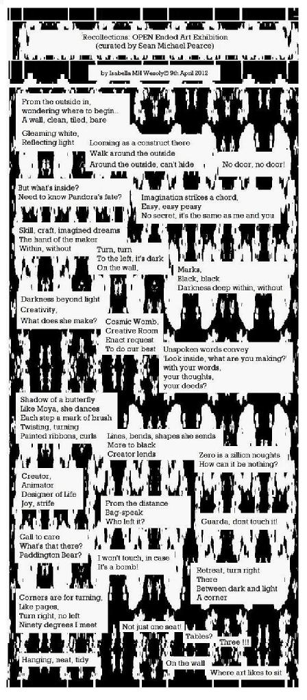 Poem written by Isabella Wesoly, review of Open Ended Art Exhibition curated by Sean Michael Pearce and Chantal Simon, at Open Ealing Arts Centre, 113 Uxbridge Road, London W13 