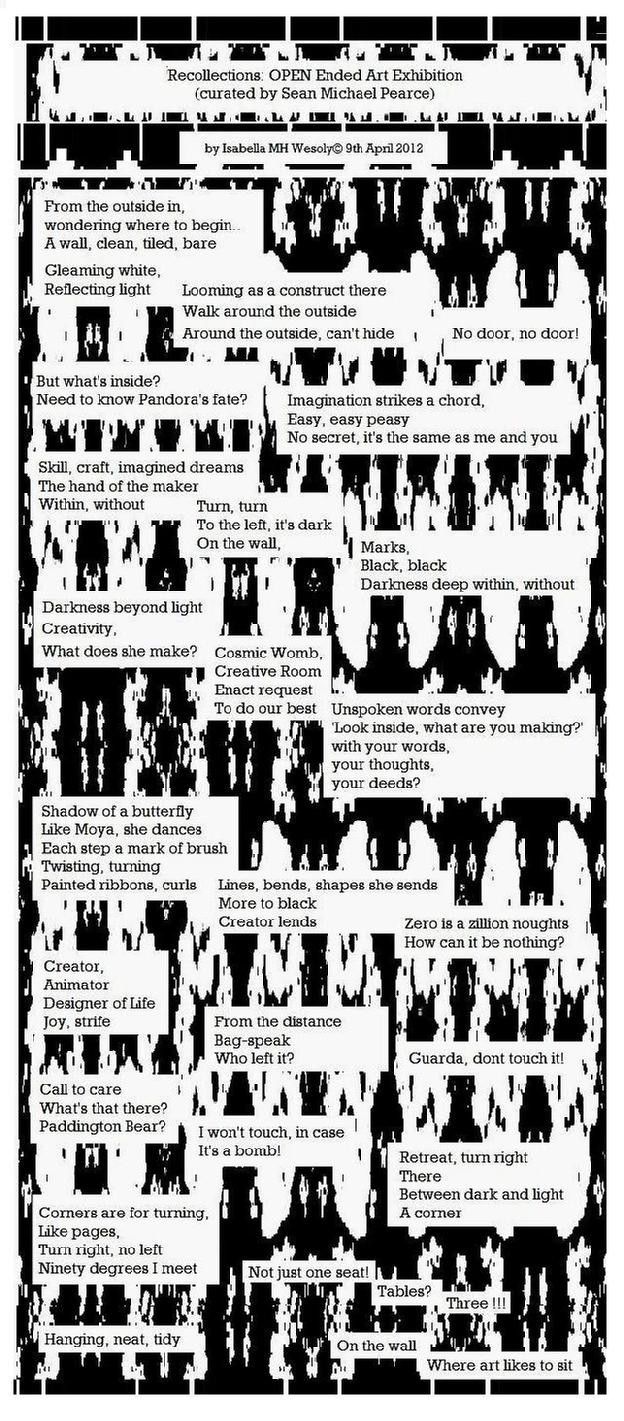 Poem written by Isabella Wesoly, review of Open Ended Art Exhibition curated by Sean Michael Pearce and Chantal Simon, at Open Ealing Arts Centre, 113 Uxbridge Road, London W13 